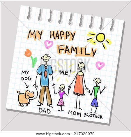 Happy family childish drawing on notepad sheet. Vector kids handwritten
