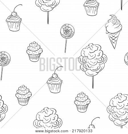 Ice cream cotton candy cakes and lollipop seamless pattern. Sweets vector concept background.