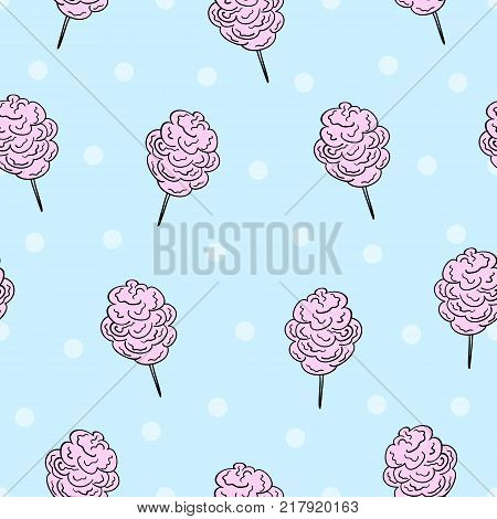 Cotton candy blue seamless pattern. Sweets vector concept background with fabrick dots.