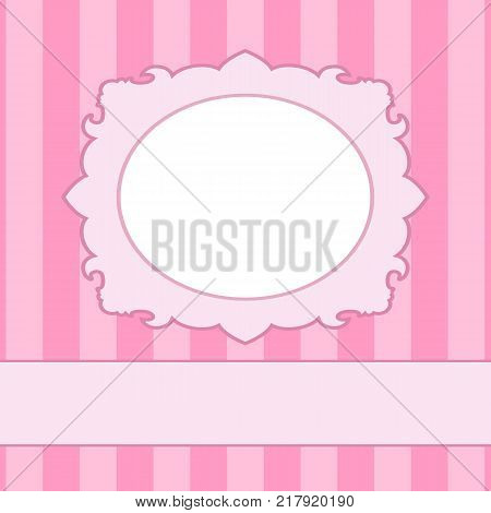 Luxurious pink frame on the background of striped wallpaper with a ribbon for inscription. Vector greeting card or photo frame for a girl and a newborn child in the royal baroque style.