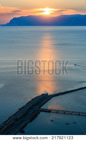 Evening Alcamo Town And Sea Bay, Sicily, Italy