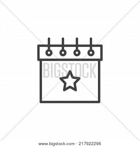 Favorite day calendar with star line icon, outline vector sign, linear style pictogram isolated on white. Party celebration symbol, logo illustration. Editable stroke