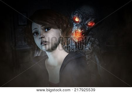 3d illustration,Girl is being panic of mythical creature from her nightmare