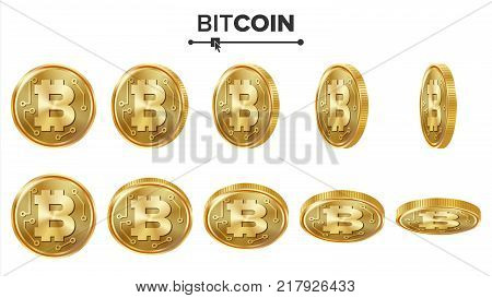 Bitcoin 3D Gold Coins Vector Set. Realistic. Flip Different Angles. Digital Currency Money. Cryptography Finance Coin Icons, Sign. Currency Isolated