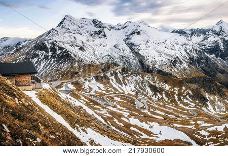 Scenic view of High Alpine Road Pass in Austria or Grossglockner Hochalpenstrasse in autumn in evening