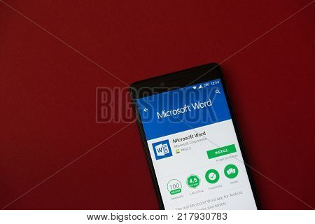 Los Angeles, december 11, 2017: Smartphone with Microsoft word application in google play store on red background