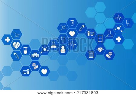 medical icon in hexagonal shaped pattern background science health care and medical technology concept blue color tone