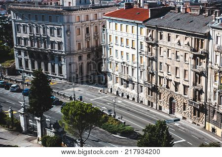 Panorama of the road and the facades of the houses