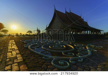 Backlit beautiful Sirindhorn Wararam Phu Prao Temple ( Wat Phu Prao ) in twilight Ubon Ratchathani province Thailand