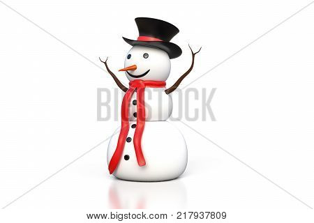 3d rendering of the snowman with black hat and red scarf isolated on white background with clipping path included.