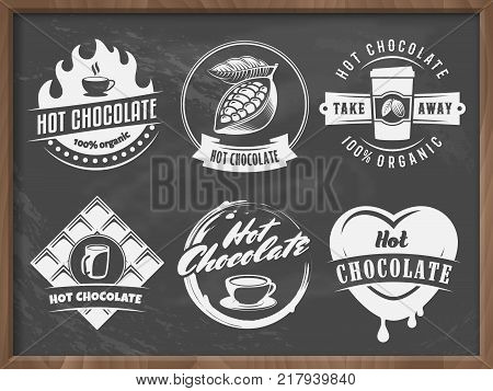 Vector hot chocolate logos. Cacao drink badges. Set of vintage stickers for cafe, bar or restaurant on the retro chalkboard background