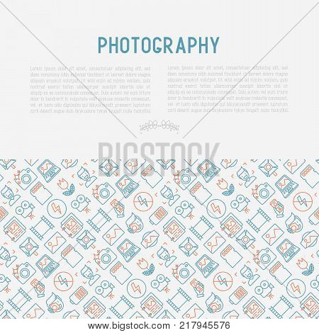 Photography concept with thin line icons of photographer, film, crop, flash, focus, light, panorama. Vector illustration for banner, web page, print media.