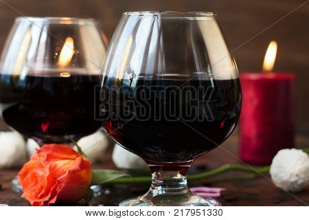 Romantic dinner concept - wine in glasses for lovers