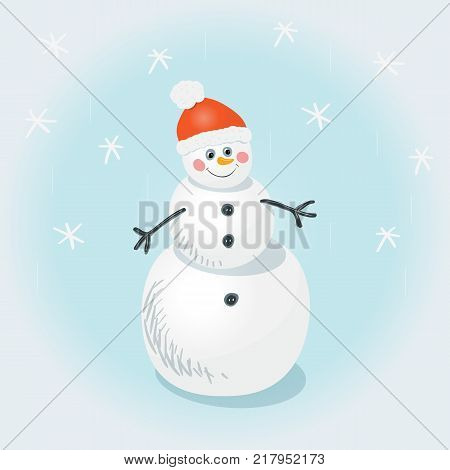 Snowman in a hat on a blue background with falling snowflakes. Illustration of a new year symbol in cartoon style. Christmas collection.