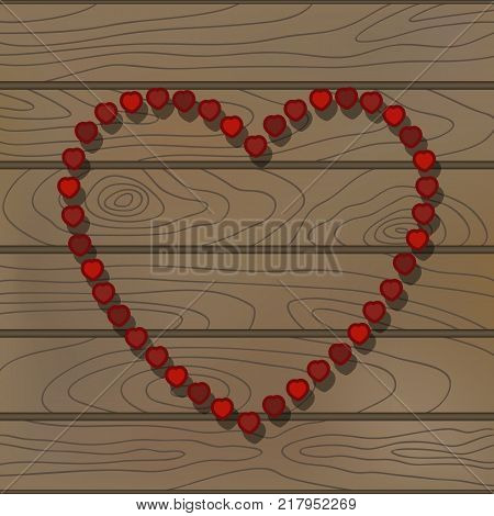 Red hearts on wooden background. Vector love concept. Wedding decoration