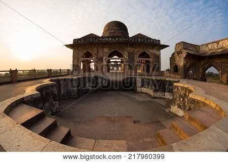 Mandu India, Afghan Ruins Of Islam Kingdom, Palace Interior, Mosque Monument And Muslim Tomb. Sunshi