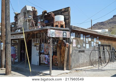 Oatman Gift Shop With Coffin On Route 66. Route 66 . June 21 2017. Oatman Arizona USA EEUU.