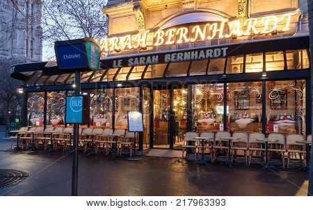 Paris, France-DECEMBER 09 , 2017 : The famous French cafe Sarah Bernardt named after the famed Parisian actress and singer, located at place du Chatelet in Paris.