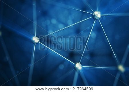 3D illustration Abstract bacgkround connection dots and lines of technology. Connection structure. Science background. Futuristic polygonal background with depth of field effect, bokeh