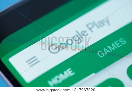 New york, USA - December 12, 2017: Google play moblie menu application menu on smartphone screen close-up. Using Google play search bar moblie menu