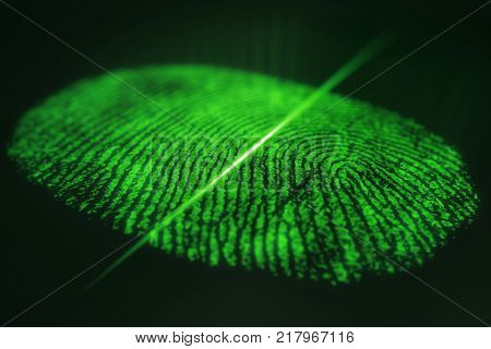 3D illustration. Fingerprint Scanning Identification System. Fingerprint scan provides security access with biometrics identification, person touching screen with finger in background