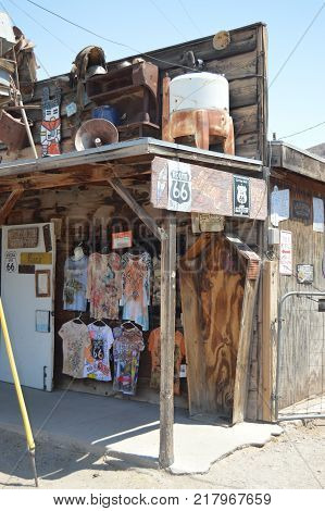 Oatman Gift Shop With Coffin On Route 66. Route 66 . June 21 2017. Oatman Arizona USA EEUU.