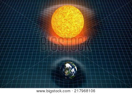 3D illustration Earth's and Sun gravity bends space around it. With bokeh effect. Concept gravity deforms space time grid around universe. Spacetime curvature. Elements of this image furnished by NASA
