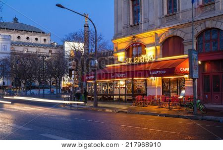Paris, France-DECEMBER 09 , 2017 : The famous French cafe Le Mistral decorated for Christmas, located at place du Chatelet in Paris.