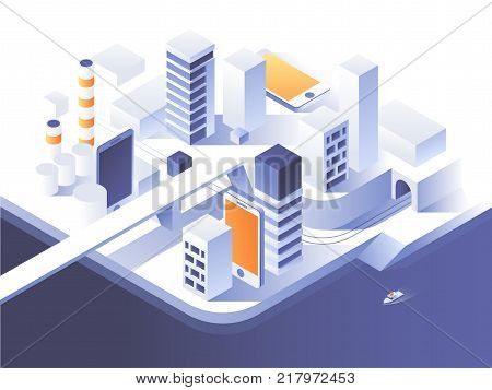 Augmented reality concept. Smart city technology. Simple low poly architecture. Vector isometric illustration.