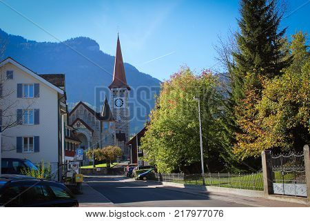 Arth-Goldau town and church near Rigi Mount, Switzerland