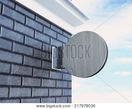 Brick building with empty round banner on blue sky background. Bar pub advertising concept. Mock up 3D Rendering