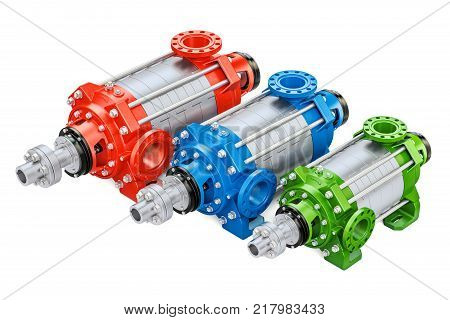 Set of colored horizontal multistage centrifugal pump 3D rendering isolated on white background