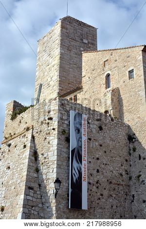 Antibes France - September 22 2017: A rear view of the famous Picasso Museum on an Autumn Day in Antibes.
