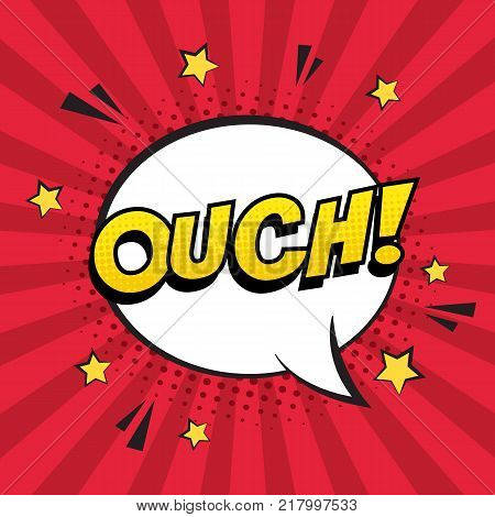 Retro comic speech bubble with colorful halftone shadow and stars on red stripes pattern. Expression text OUCH. Vector illustration, vintage design, pop art style.