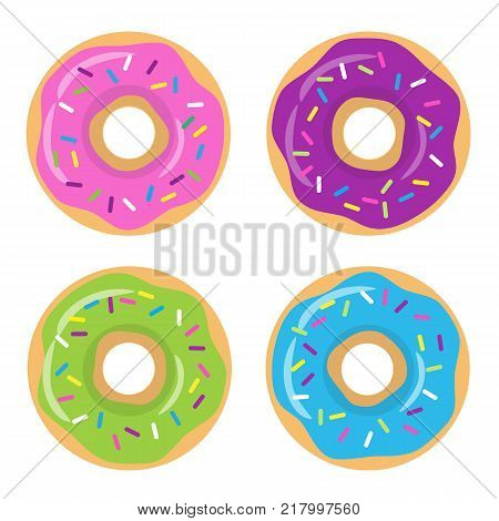 Colorful glazed donut set on white background. The view from the top. Vector illustration