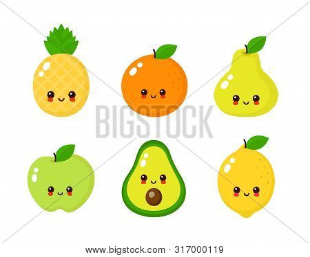 Happy Cute Smiling Fruit Face Set. Vector Flat Cartoon Character Illustration Icon Collection.isolat