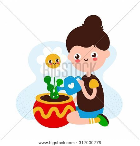 Cute Happy Smiling Young Girl Water Home Flower Plant.vector Hand Drawing Flat Style Illustration Ic