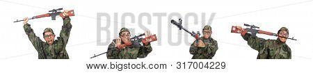 Military man with a gun isolated on white