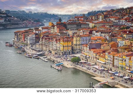 Porto City Center Taken From Dom Luis I Bridge Before The Sunset. Horizontal Image