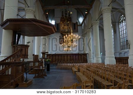 Leiden, Holland - August 10, 2019: Interior of the Hooglandse kerk in the center of Leiden