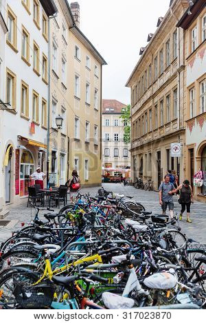 Street With Parked Bicycles In Bamberg, Germany