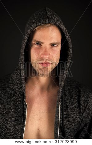 Guy In Hood Calm Face. Stylish And Modern Appearance. Well Groomed Macho. Perfect Style. Hair Groomi