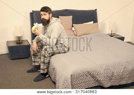 Man Bearded Hipster Sleepy Face Pajamas Waking Up Bedroom Interior. Daily Schedule For Healthy Lifes
