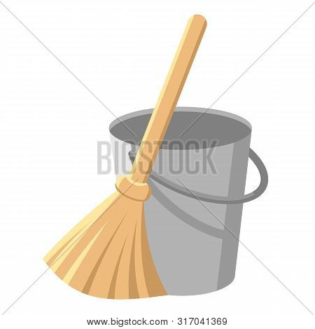 Pail With Handle And Besom With Stick. Bucket And Broom. Housework Tools For Cleaning Garbage. Clean