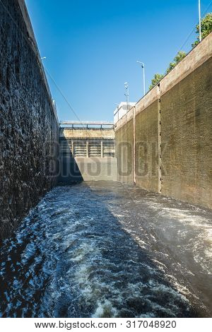 Lappeenranta, Finland - August 7, 2019: Lock On The Saimaa Canal At Malkia. View From Water.