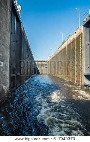 Lappeenranta, Finland - August 7, 2019: Lock On The Saimaa Canal At Malkia. View From Water.