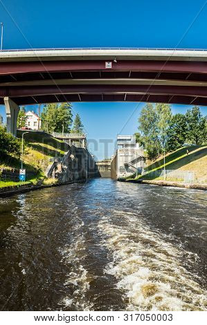 Lappeenranta, Finland - August 7, 2019: Lock And Bridge On The Saimaa Canal At Malkia. View From Wat