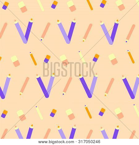 Seamless Pattern. Repeated Flat Style, Pencil, Eraser For Backdrop, Wallpaper, Landing Page Site Pri