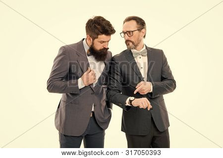 Check Clock. Business People Formal Clothes Having Different Opinion About Time. Time Management And