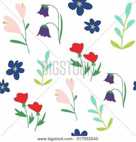 Vector Seamless Pattern Of Different Flowers In Sipmle Style On White Background